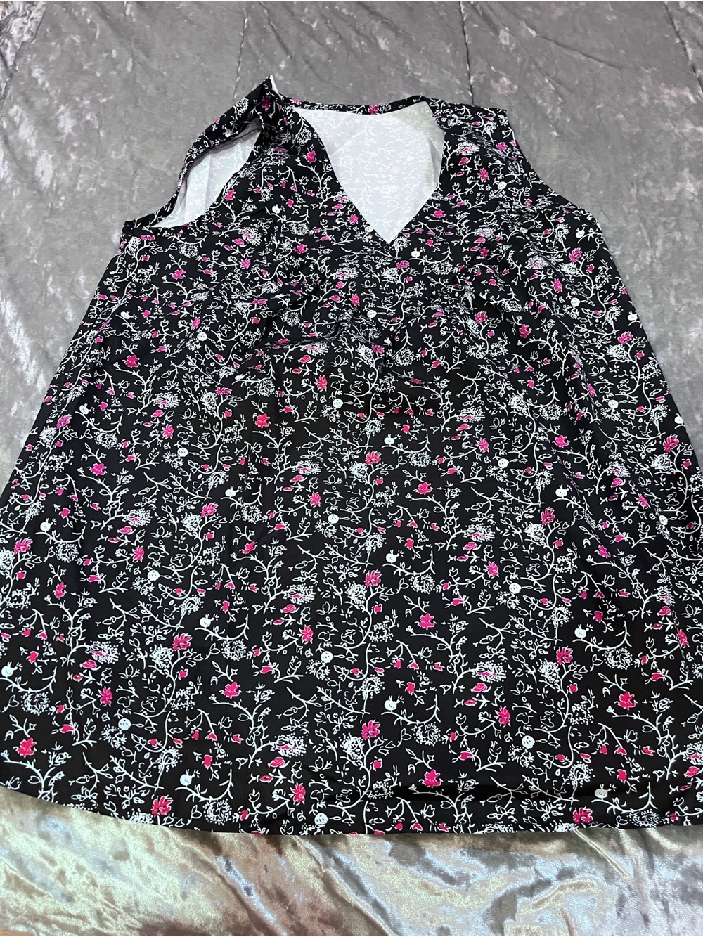 Black Floral V-Neck Sleeveless Top with Pink Accents